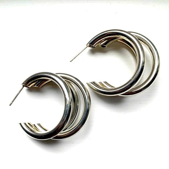 Men’s Hollow Triple Hoop Silver Tone Earrings Tri Hoop Earrings - Picture 3 of 8